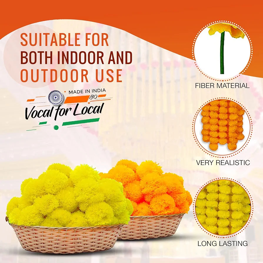 TAPFIRE Marigold Artificial Flowers for Decoration Long Garland for Diwali Decoration Navratri, Pooja, Home Inauguration, Temple, Wedding,5 Feet Long 5 Pcs with 1 Diya